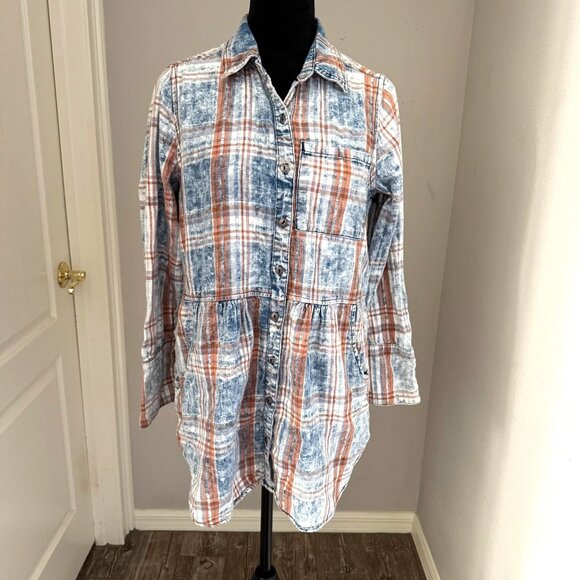 Soft Surroundings Womens Plaid Button Up Tunic Shirt M Cotton Pockets Oversized - Picture 1 of 8